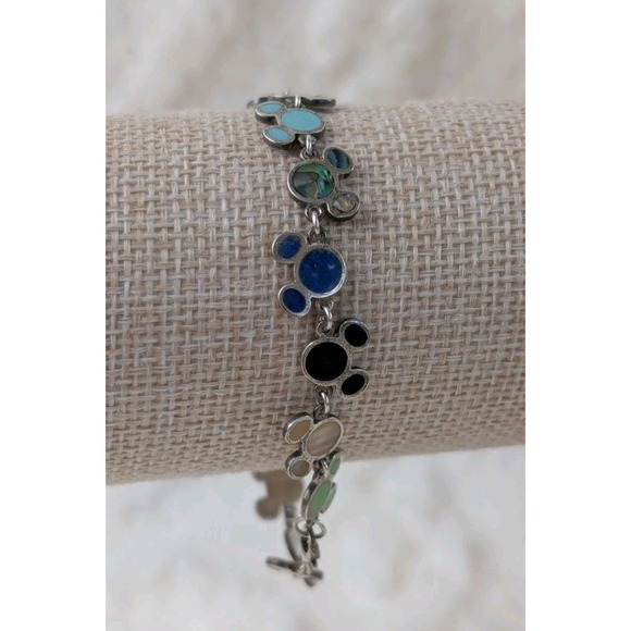Disney Parks Sterling Silver 925 Hidden Mickey Multi Stone Link Bracelet Retired - Picture 4 of 8